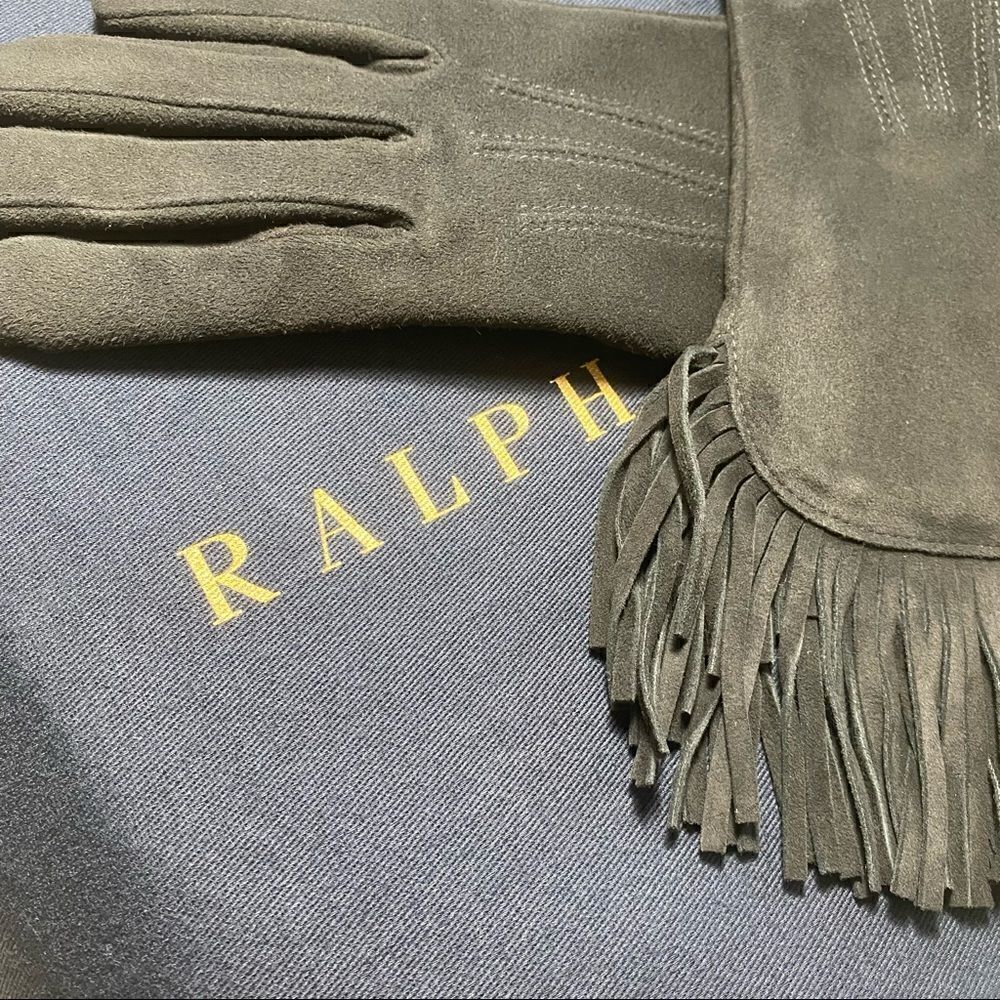 *Ralph Lauren Collection Black Cashmere Lined Lamb Suede Fringe Trimmed Gloves - Picture 10 of 16